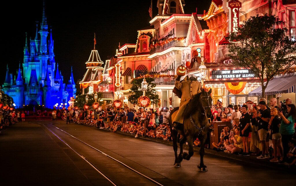 The Headless Horseman riding down Main Street USa for the Boo to you parade at Mickey's Not So Scary Halloween Party